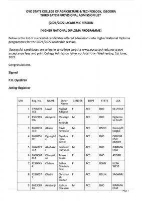 OYSCATECH 3rd Batch HND Admission List, 2021/2022