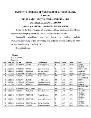 OYSCATECH 3rd batch HND Admission List, 2022/2023