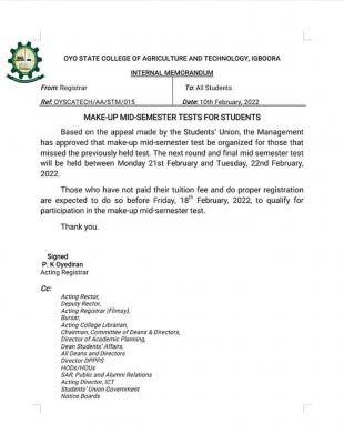 OYSCATECH notice on make-up mid-semester tests for students