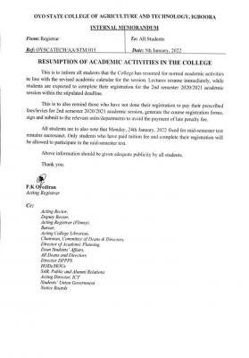 OYSCATECH notice on resumption of academic activities