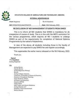 OYSCATECH notice to ND1 management students on SIWES