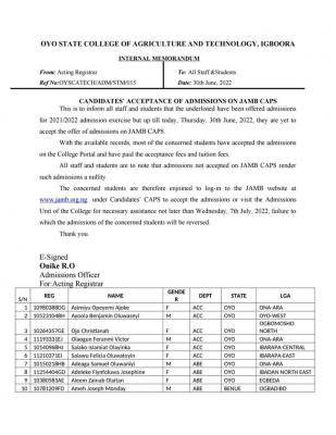 OYSCATECH notice to candidates on acceptance of admission on JAMB CAPS