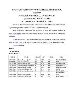 OYSCATECH releases 9th batch ND admission list, 2021/2022