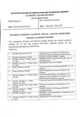 OYSCATECH revised academic calendar, 2020/2021