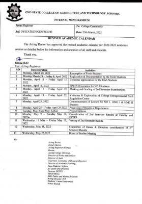 OYSCATECH revised academic calendar, 2021/2022