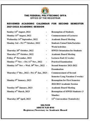 Offa Poly reviewed academic calendar for 2021/2022 session