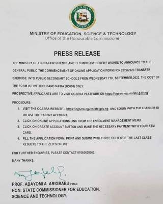 Ogun State commences transfer exercise into Public Secondary Schools, 2022/2023