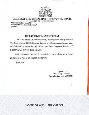 Osun Ministry of Education notice to newly recruited teachers with NCE qualification