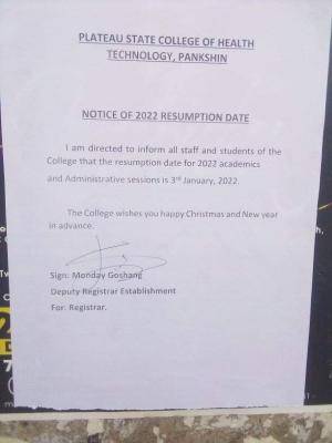 Plateau State College of Health resumption date, 2022