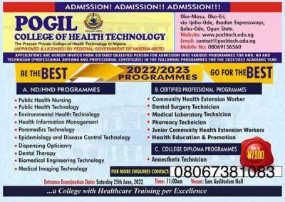 Pogil College of Health Technology admission forms, 2022/2023