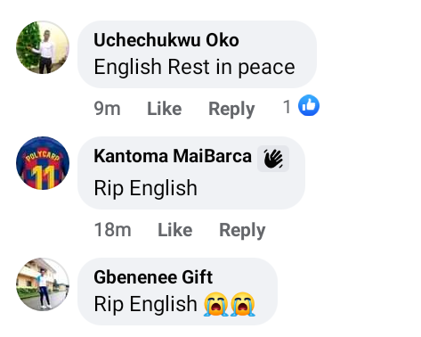 "RIP English" - Reactions trail Corp member
