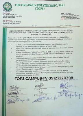 Resolutions From TOPS Management meeting with NANS over students' agitation