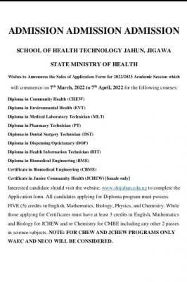 School of Health Technology, Jigawa application form, 2022/23