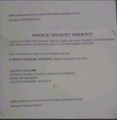 St. Luke College of Nursing Sciences Kaduna, announces sales of forms