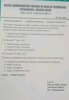 Sultan Abdulrahaman College of Health Tech. announces entrance interview,2021/2022