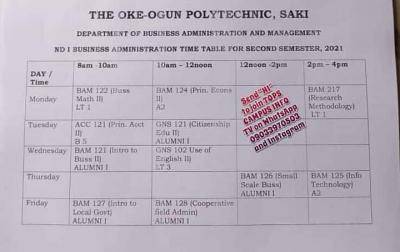 TOPS 2nd semester lectures timetable, 2020/2021