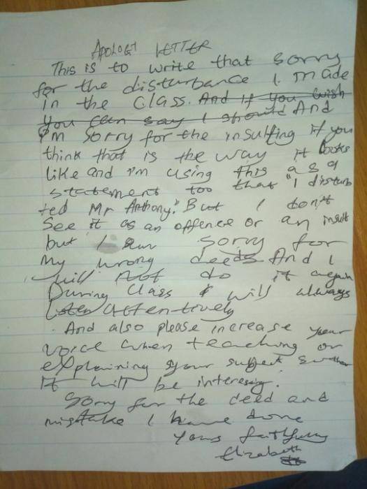 Teacher shares the ''rude'' apology letter he got from a JSS2 student