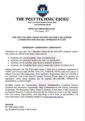 The Polytechnic Ojoku Admission form for 2022/2023 session