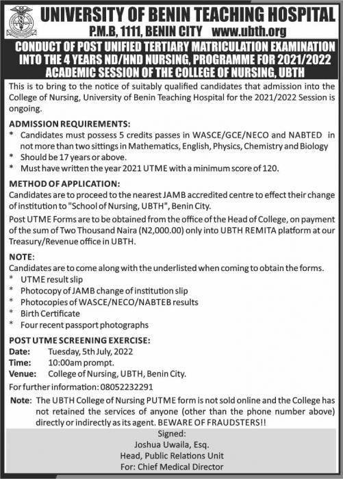 UBTH College of Nursing ND/HND admission form