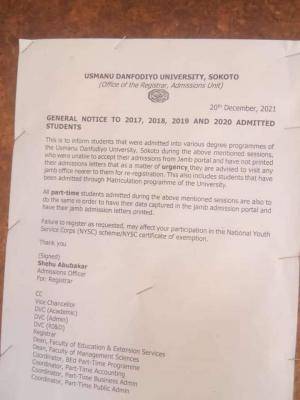 UDUS general notice to 2017, 2018, 2019 and 2020 admitted students