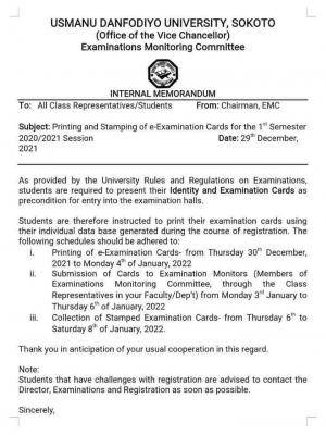 UDUS notice on e-examination cards for the 1st Semester 2020/2021 Session