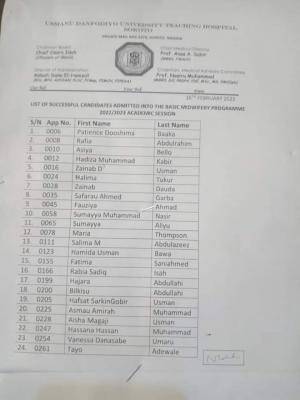 UDUTH School of Midwifery admission list, 2022/2023