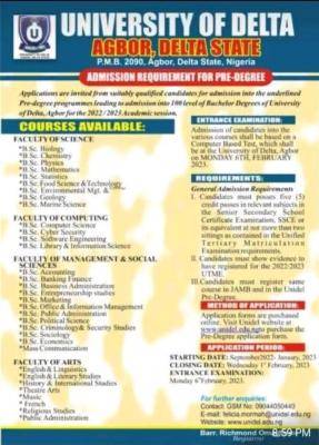 UNIDEL Pre-degree Admission form for 2022/2023 session