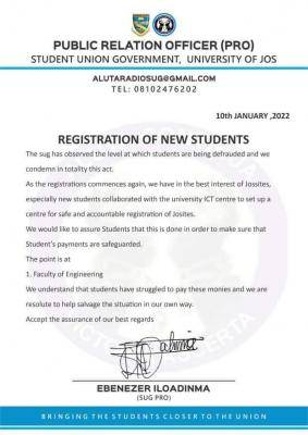 UNIJOS SUG notice on registration for new students