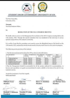 UNIJOS SUG resolution on hostel fee increment