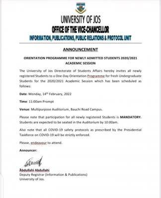 UNIJOS orientation programme for new students, 2020/2021