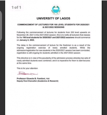 UNILAG commencement of lectures for 100 level students 2020/2021 & 2021/2022 session