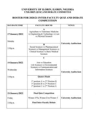 UNILORIN inter-faculty quiz and debate competition, 2020/2021