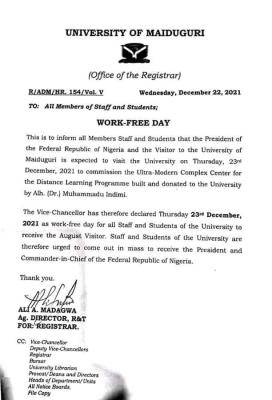 UNIMAID declares work Free day