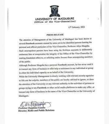 UNIMAID notice on fake VC Facebook account