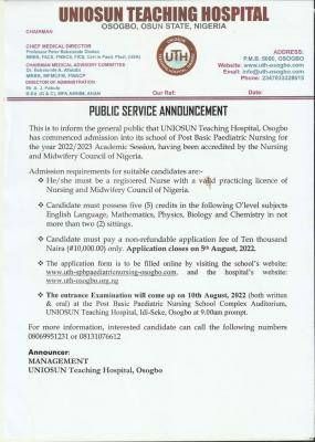 UNIOSUN Teaching Hospital Post Basic Paediatric Nursing Admission, 2022/2023