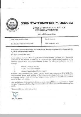 UNIOSUN notice on undergraduate scholarship and grants