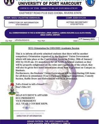 UNIPORT SUG Orientation for 2021/2022 Academic Session