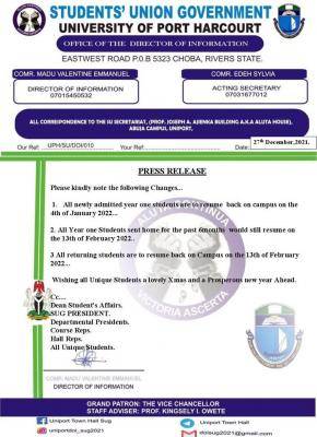 UNIPORT update on resumption of students