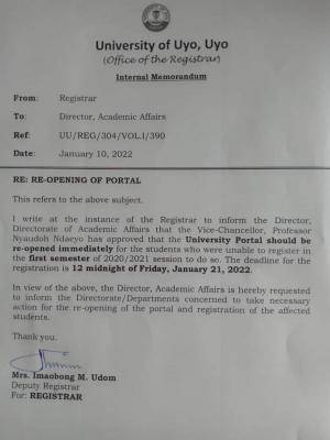 UNIUYO notice on reopening of portal