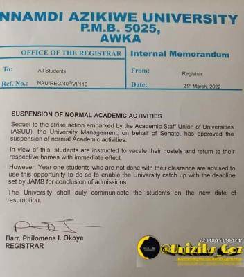 UNIZIK announces suspension of normal academic activities, asks students to vacate hostels