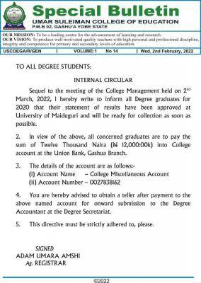 Umar Suleiman College of Education notice to degree graduates