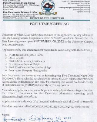 University of Mkar announces first batch Post-UTME screening exercise, 2022/2023