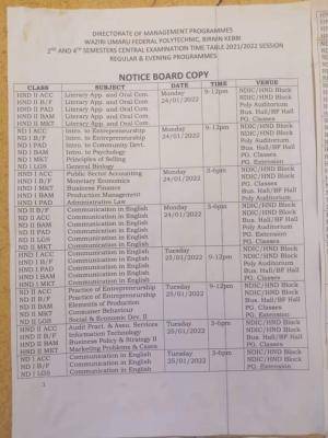 Waziri Umaru Federal Polytechnic 2nd & 4th semester Examination timetable, 2020/2021