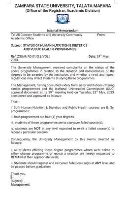 ZAMSU important notice on Status of Human Nutrition & Dietetics and Public Health Programmes