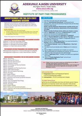 AAUA Part-Time Admission (Undergraduate and Postgraduate), 2021/2022 Session