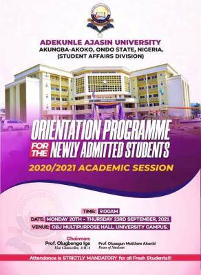 AAUA announces orientation ceremony for fresh students, 2020/2021