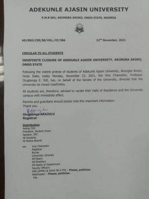 AAUA management orders closure of school indefinitely