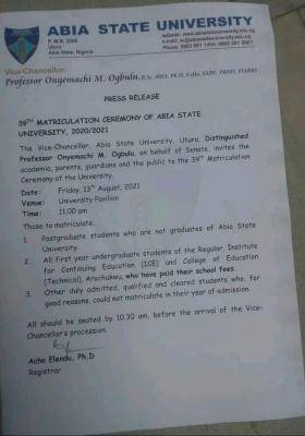 ABSU announces 39th matriculation ceremony