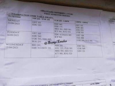 ABSU first semester exam timetable for 2020/2021 session