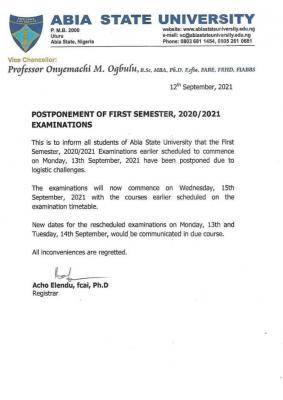 ABSU postpones first semester examination, 2020/2021